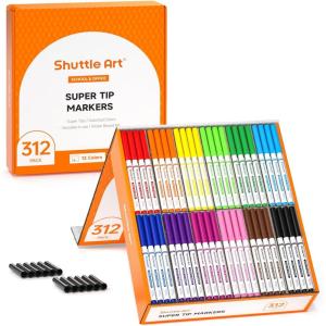 Shuttle Art 216 Pack Washable Markers, 8 Assorted Colors Broad Line Conical Tip Large Markers Bulk with a Box, Bonus Caps, Home Classroom School Supplies for Toddlers Kids Adults Students Teachers…(26 Each of 12 Colors(Super Tips))