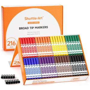 Shuttle Art 216 Pack Washable Markers, 8 Assorted Colors Broad Line Conical Tip Large Markers Bulk with a Box, Bonus Caps, Home Classroom School Supplies for Toddlers Kids Adults Students Teachers…(27 Each of 8 Colors(Broad Tip))