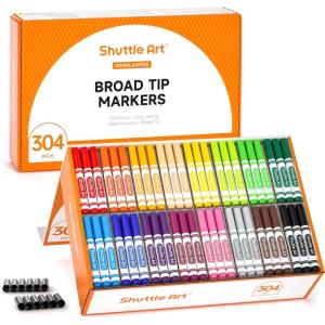 Shuttle Art 216 Pack Washable Markers, 8 Assorted Colors Broad Line Conical Tip Large Markers Bulk with a Box, Bonus Caps, Home Classroom School Supplies for Toddlers Kids Adults Students Teachers…(19 Each of 16 Colors(Broad Tips))