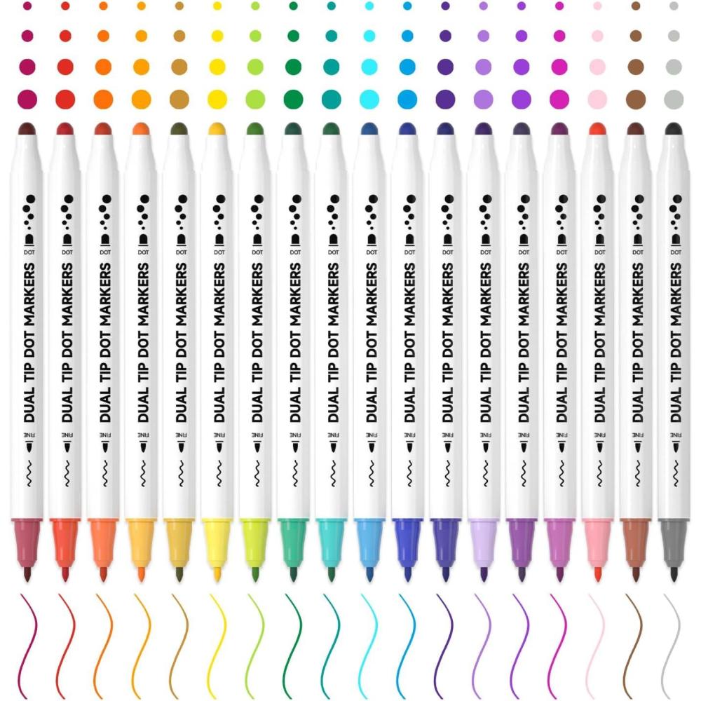 imageShuttle Art 18 Colors Dual Tip Dot Marker Pens for Kids Adults 18 Classic Colors 08mm Fine Tip and Flexible Dot Tip for Journaling DIY Crafts Scrapbooks