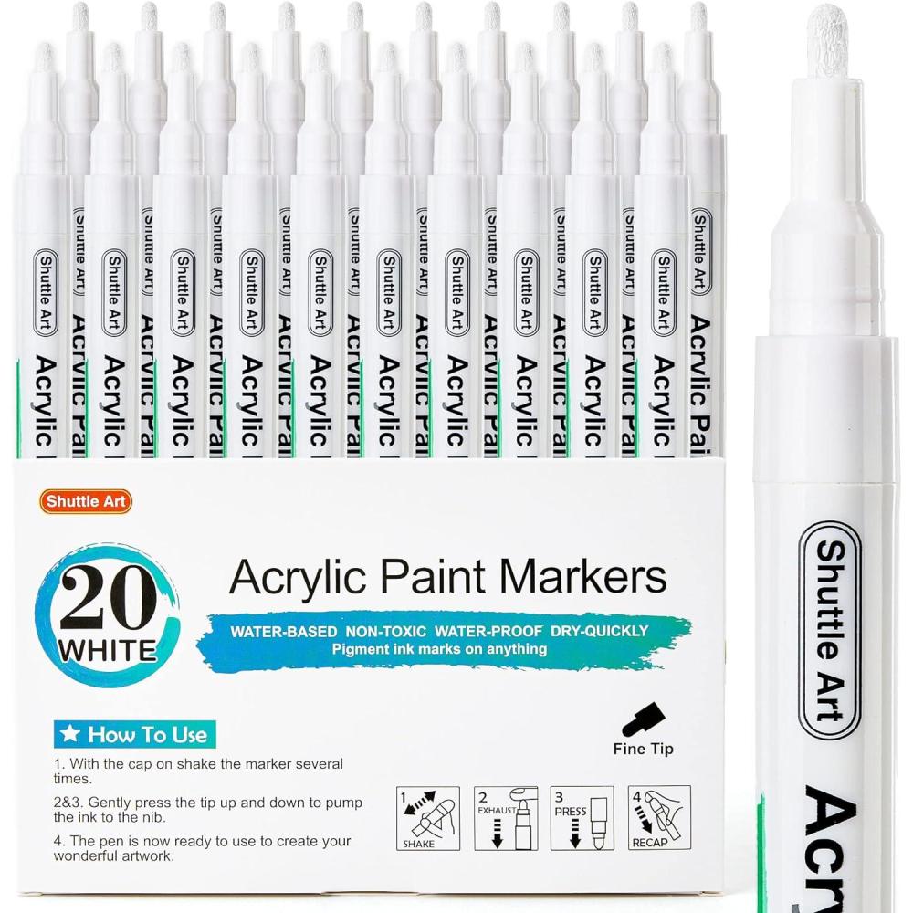 imageShuttle Art 20 Pack Black Fine Tip Acrylic Paint Pens WaterBased Quick Dry Paint Markers for Rock Wood Metal Plastic Glass Canvas Ceramic20 Pack White