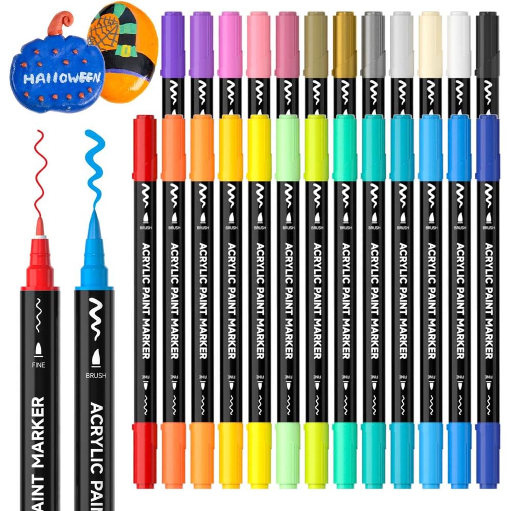 imageShuttle Art 25 Colors Dual Tip Acrylic Paint Markers Brush Tip and Fine Tip Acrylic Paint Pens for Rock Painting Ceramic Wood Canvas Plastic Glass Stone Calligraphy Card Making DIY Crafts
