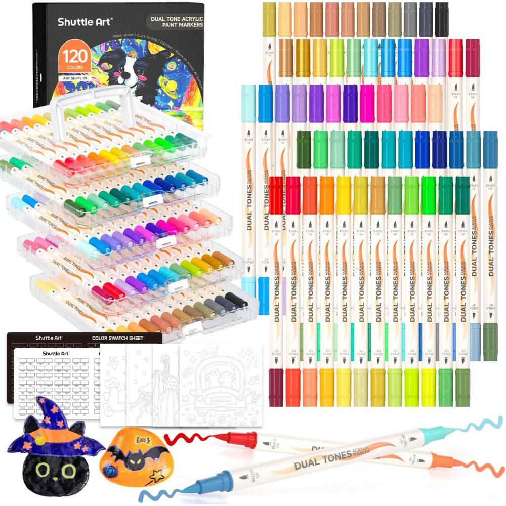 imageShuttle Art 60 Pack Dual Tone Acrylic Paint Markers 120 Colors Acrylic Paint Pens for Rock Painting Ceramic Wood Canvas Glass Stone Fabric Card Making DIY ampamp Art Supplies60 Pack 120 Colors