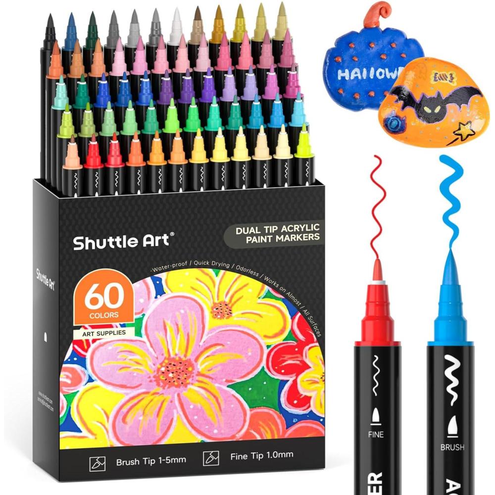 imageShuttle Art 80 Colors Dual Tip Acrylic Paint Markers Brush Tip and Fine Tip Acrylic Paint Pens for Rock Painting Ceramic Wood Canvas Plastic Glass Stone Calligraphy Card Making DIY Crafts60 Colors