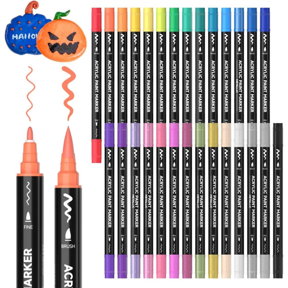 imageShuttle Art 80 Colors Dual Tip Acrylic Paint Markers Brush Tip and Fine Tip Acrylic Paint Pens for Rock Painting Ceramic Wood Canvas Plastic Glass Stone Calligraphy Card Making DIY Crafts28 Colors Brush Tip and Fine Tip