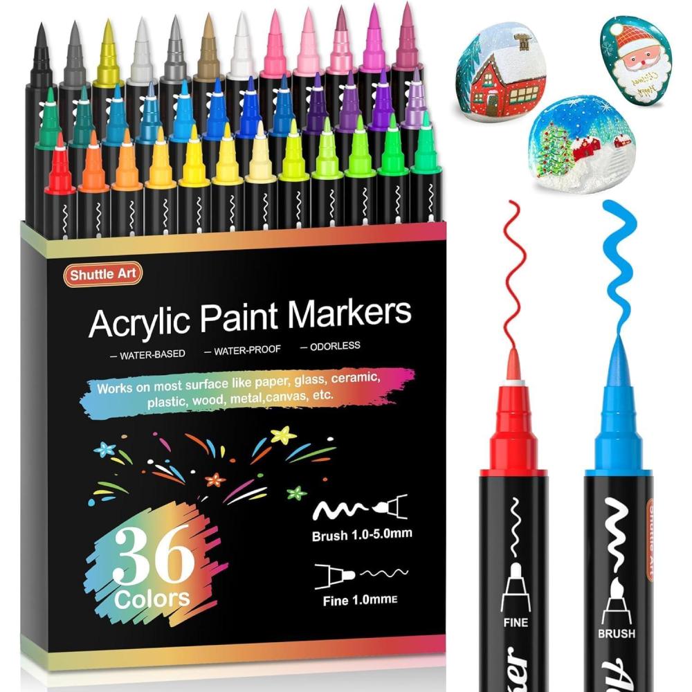 imageShuttle Art 80 Colors Dual Tip Acrylic Paint Markers Brush Tip and Fine Tip Acrylic Paint Pens for Rock Painting Ceramic Wood Canvas Plastic Glass Stone Calligraphy Card Making DIY Craftsfine  brush tip