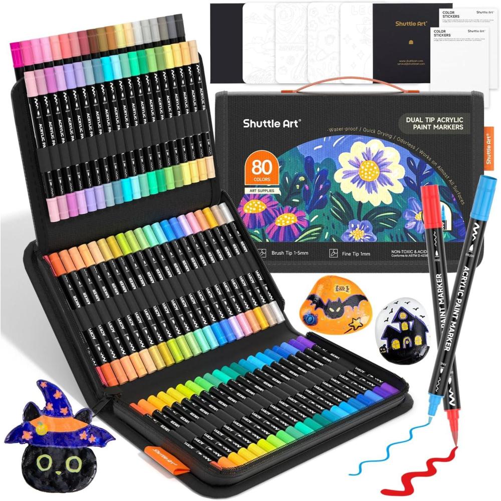 imageShuttle Art 80 Colors Dual Tip Acrylic Paint Markers Brush Tip and Fine Tip Acrylic Paint Pens for Rock Painting Ceramic Wood Canvas Plastic Glass Stone Calligraphy Card Making DIY Crafts80 Colors Brush Tip and Fine Tip