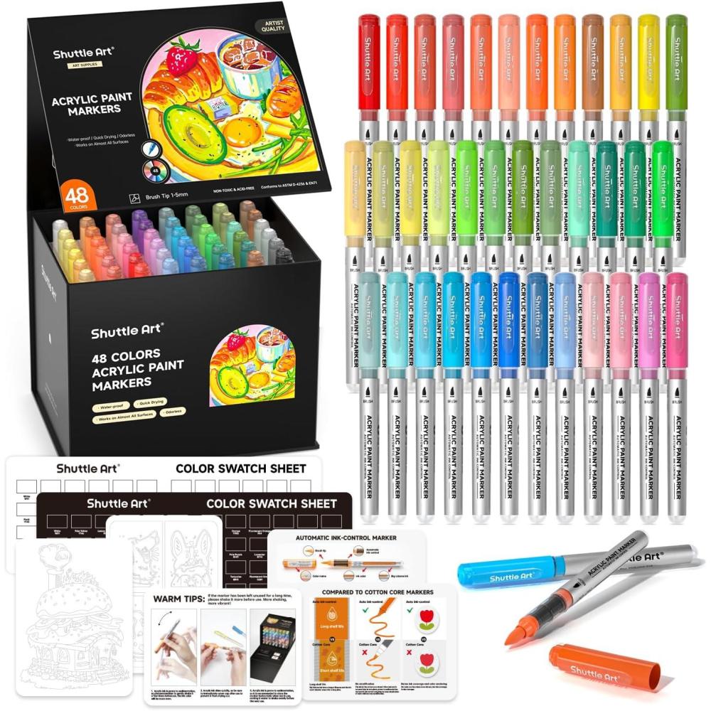 imageShuttle Art Automatic Ink Control Acrylic Paint Markers 60 Colors Brush Tip Acrylic Paint Pens for Rock Painting Ceramic Wood Canvas Glass Stone Fabric Card Making DIY ampamp Art Supplies48 Colors Brush Tip