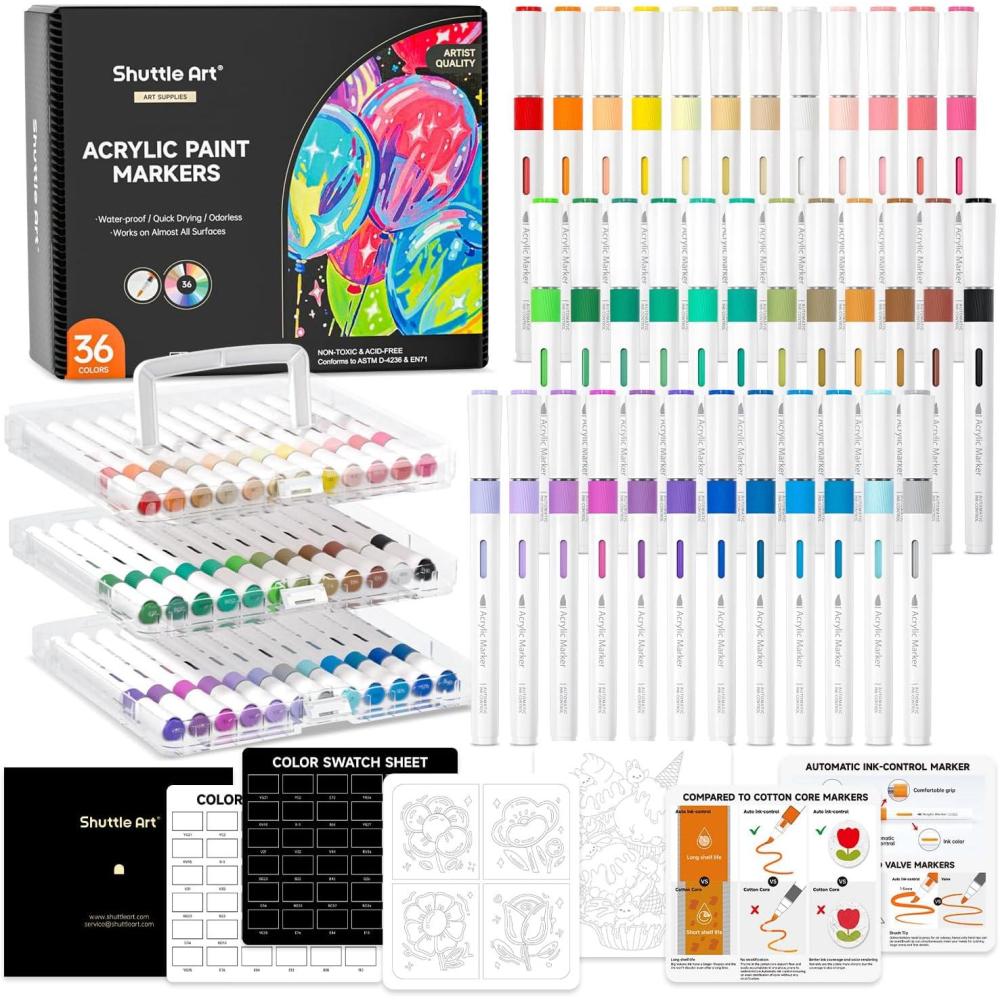 imageShuttle Art Automatic Ink Control Acrylic Paint Markers 60 Colors Brush Tip Acrylic Paint Pens for Rock Painting Ceramic Wood Canvas Glass Stone Fabric Card Making DIY ampamp Art Supplies36 Colors Brush Tip