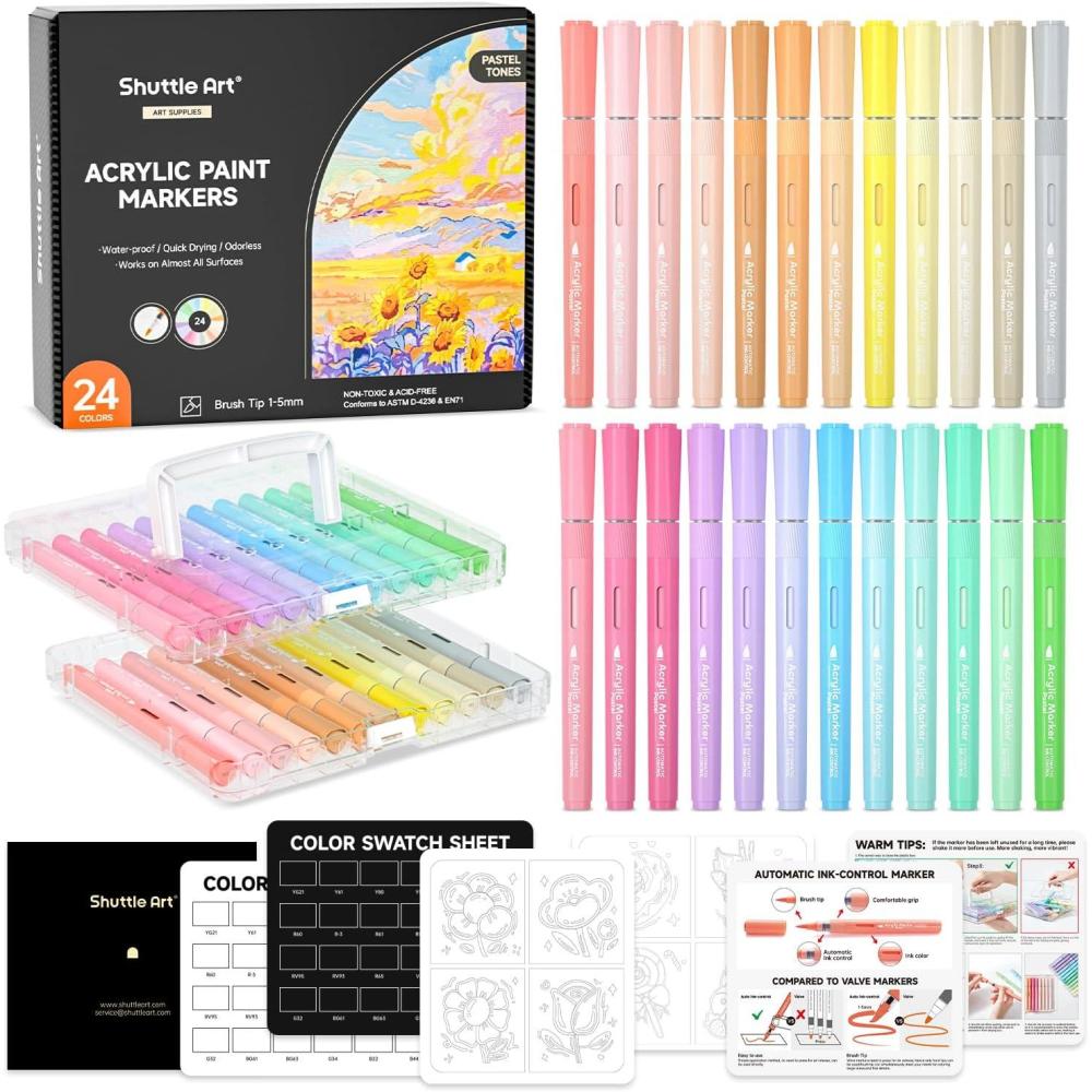 imageShuttle Art Automatic Ink Control Acrylic Paint Markers 60 Colors Brush Tip Acrylic Paint Pens for Rock Painting Ceramic Wood Canvas Glass Stone Fabric Card Making DIY ampamp Art Supplies24 Pastel Colors Brush Tip