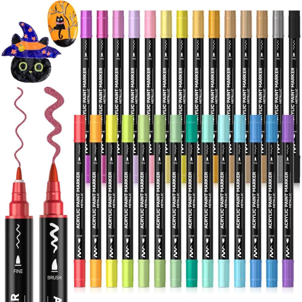 imageShuttle Art Automatic Ink Control Acrylic Paint Markers 60 Colors Brush Tip Acrylic Paint Pens for Rock Painting Ceramic Wood Canvas Glass Stone Fabric Card Making DIY ampamp Art Supplies28 Metallic Colrs