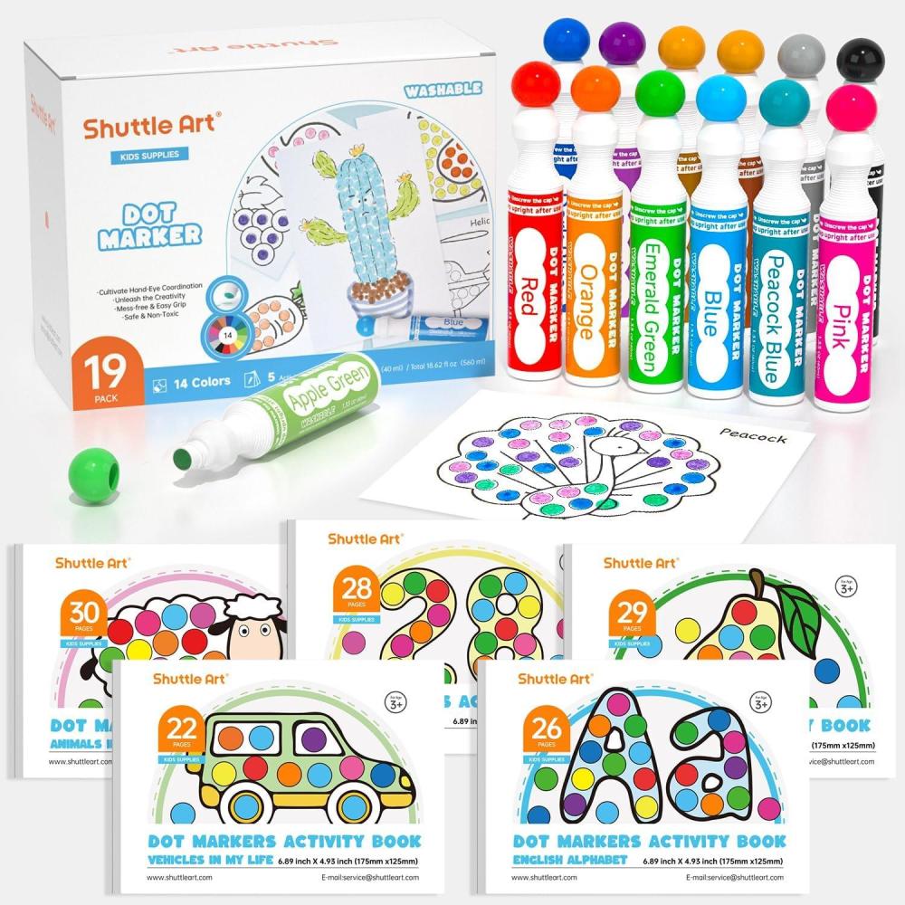 imageShuttle Art Dot Markers 14 Colors Bingo Daubers with 135 Patterns 5 Activity Books Educational Set With Art ActivitiesNonToxic Washable Coloring Markers14 Colors  5 Activity Books