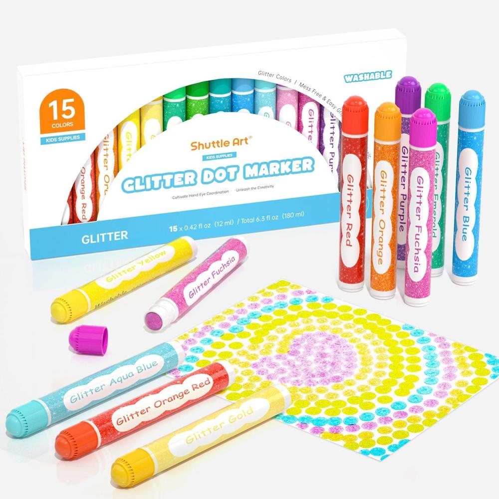 imageShuttle Art Shimmer Dot Markers 15 Glitter Colors Washable Markers for ToddlersBingo Daubers Supplies Kids Preschool Children Non Toxic WaterBased