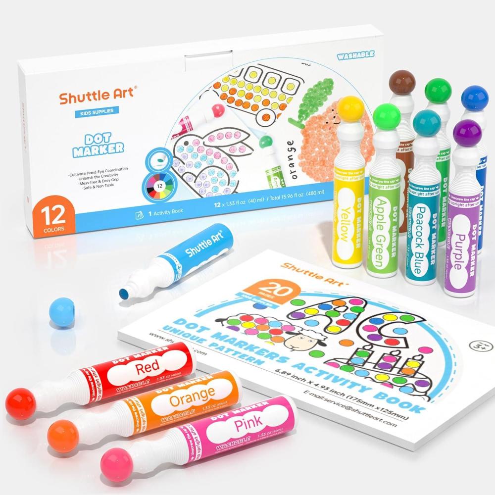 imageShuttle Art Washable Dot Markers 36 Colors with Free Activity Book Fun Art Supplies for Kids Toddlers and Preschoolers Non Toxic WaterBased Paint Daubers Dot Art Markers12 Colors