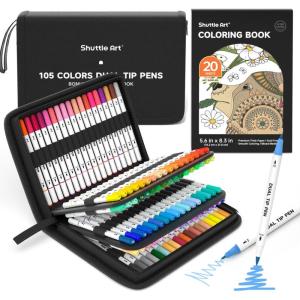 Shuttle Art Dual Tip Brush Pens, 70 Colors, Fine and Brush Dual Tip Markers Set, Portable Storage Case, Ideal for Calligraphy, Coloring, Doodling, Writing(105 Colors with 1 Coloring Book)