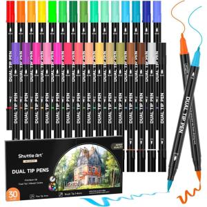 Shuttle Art Dual Tip Brush Pens, 70 Colors, Fine and Brush Dual Tip Markers Set, Portable Storage Case, Ideal for Calligraphy, Coloring, Doodling, Writing(30 Colors)