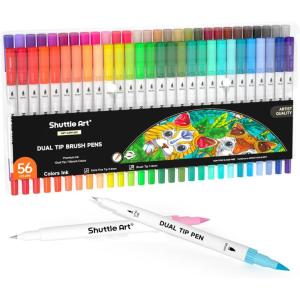 Shuttle Art Dual Tip Brush Pens, 70 Colors, Fine and Brush Dual Tip Markers Set, Portable Storage Case, Ideal for Calligraphy, Coloring, Doodling, Writing(56 Colors)