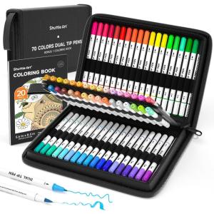 Shuttle Art Dual Tip Brush Pens, 70 Colors, Fine and Brush Dual Tip Markers Set, Portable Storage Case, Ideal for Calligraphy, Coloring, Doodling, Writing(70 Colors with 1 Coloring Book)