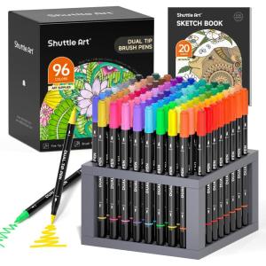 Shuttle Art Dual Tip Brush Pens, 70 Colors, Fine and Brush Dual Tip Markers Set, Portable Storage Case, Ideal for Calligraphy, Coloring, Doodling, Writing(96 Colours)