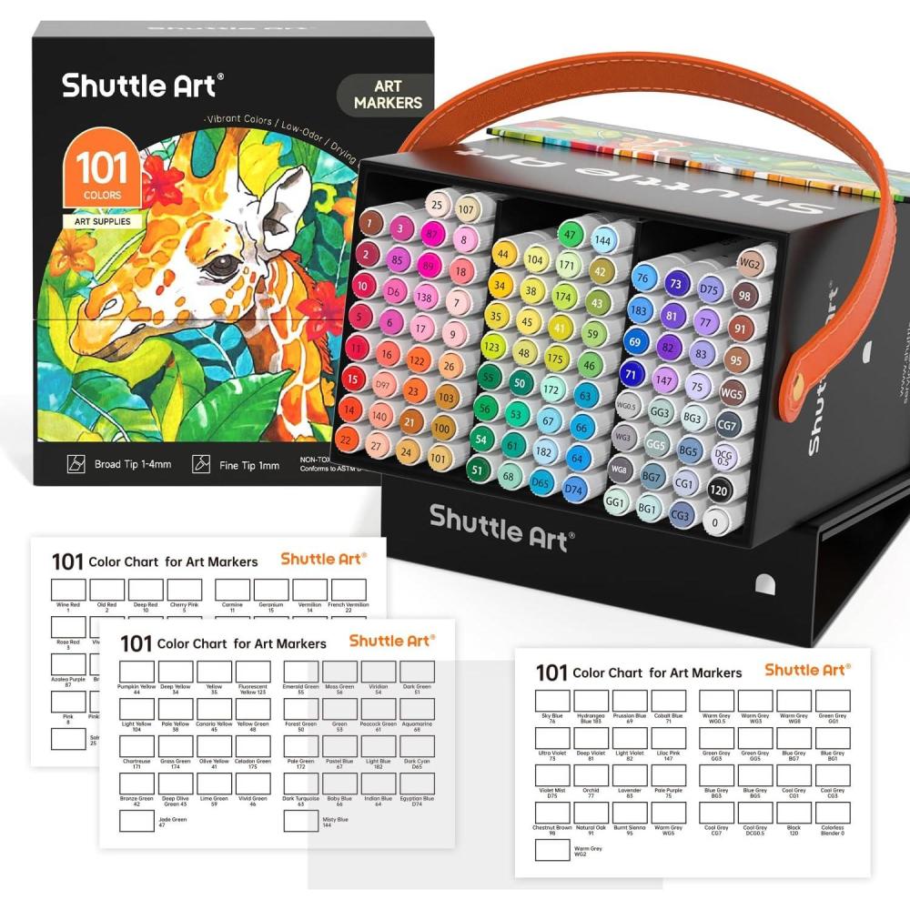 imageShuttle Art 101 Colors Alcohol Markers 100 Colors Dual Tip Art Marker Set Plus 1 Colorless Blender with Marker Case Perfect for Illustration Students Adult Coloring Sketching101