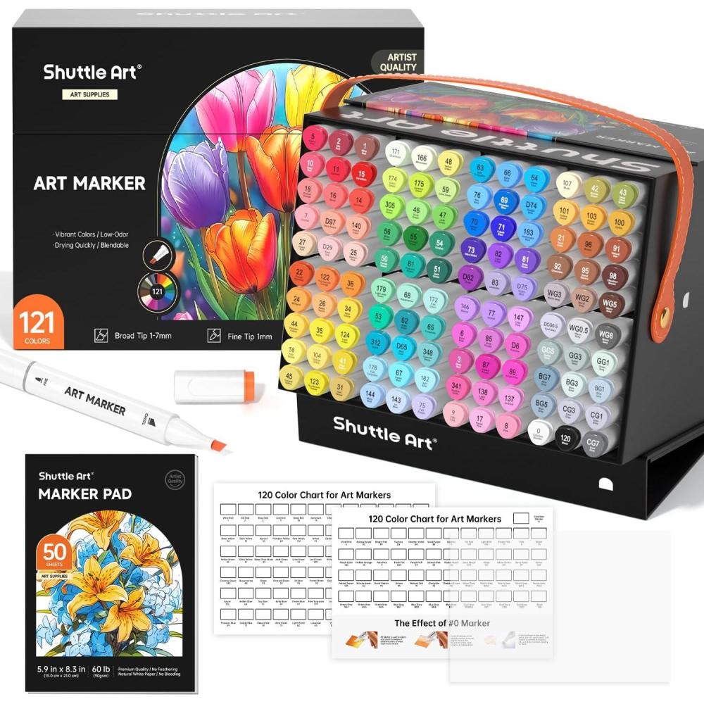 imageShuttle Art 121 Colors Alcohol Markers 120 Colors Dual Tip Art Marker Set Plus 1 Colorless Blender with Marker Case Perfect for Illustration Students Adult Coloring Sketching121 Colors