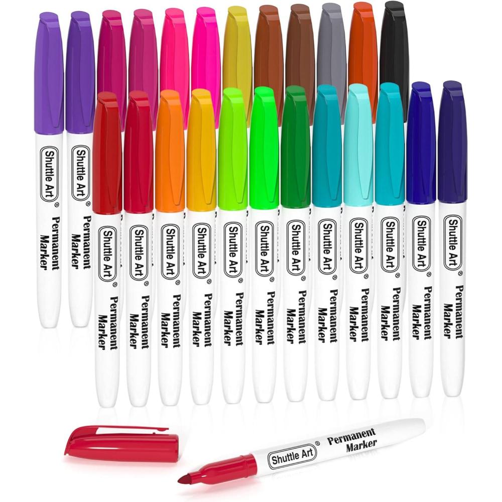 imageShuttle Art 60 Colors Permanent Markers Fine Point Assorted Colors Works on PlasticWoodStoneMetal and Glass for Doodling Coloring Marking24 Colors