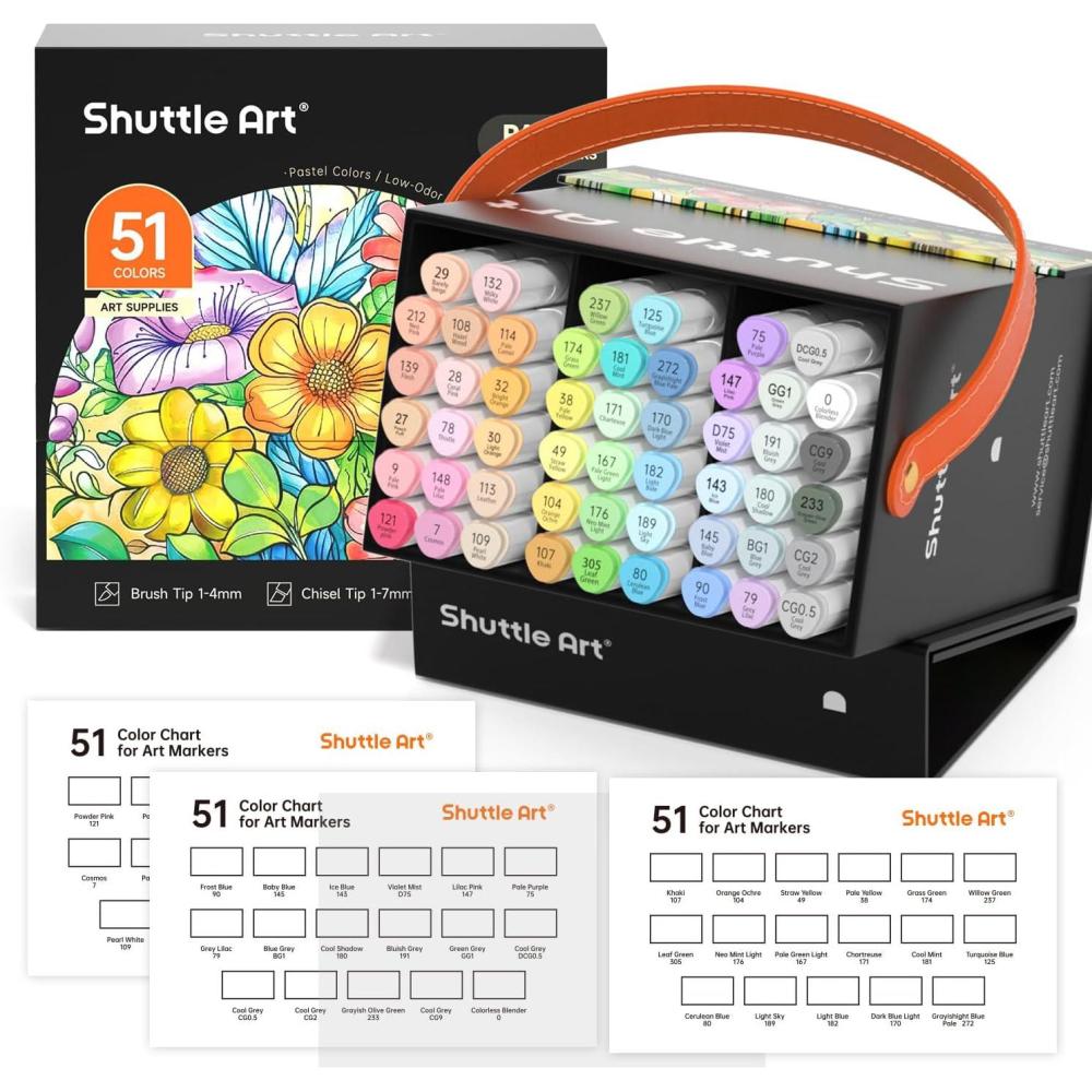 imageShuttle Art Alcohol Markers Brush tip Dual Tip Brush ampamp Chisel Tip Art Marker Set 50 Colors plus 1 Blender Permanent Marker Pens with Case Perfect for Illustration Students Adults Coloring51 Pastel Colors Brush  Chisel Tip