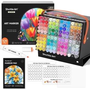 Shuttle Art 121 Colors Alcohol Markers, 120 Colors Dual Tip Art Marker Set Plus 1 Colorless Blender with Marker Case Perfect for Illustration Students Adult Coloring Sketching(121 Colors)