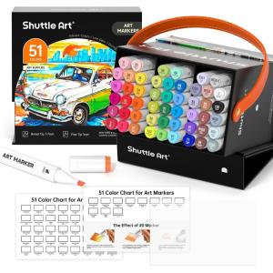 Shuttle Art 121 Colors Alcohol Markers, 120 Colors Dual Tip Art Marker Set Plus 1 Colorless Blender with Marker Case Perfect for Illustration Students Adult Coloring Sketching(51 Colors)