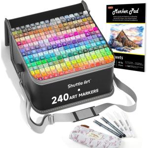 Shuttle Art 310 Colors Alcohol Markers, 309 Colors Dual Tip Art Marker Set Plus Colorless Blender, Micro-tip Pens, White Highlighter Pens, Marker Bag with Holders Perfect for Students Adults Coloring(240 Colors)
