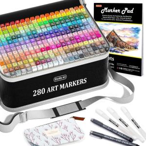 Shuttle Art 310 Colors Alcohol Markers, 309 Colors Dual Tip Art Marker Set Plus Colorless Blender, Micro-tip Pens, White Highlighter Pens, Marker Bag with Holders Perfect for Students Adults Coloring(280 Colors)