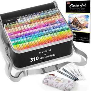 Shuttle Art 310 Colors Alcohol Markers, 309 Colors Dual Tip Art Marker Set Plus Colorless Blender, Micro-tip Pens, White Highlighter Pens, Marker Bag with Holders Perfect for Students Adults Coloring(310 Colors)