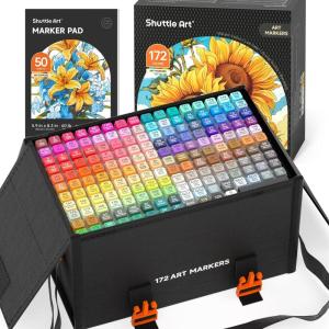 Shuttle Art 310 Colors Alcohol Markers, 309 Colors Dual Tip Art Marker Set Plus Colorless Blender, Micro-tip Pens, White Highlighter Pens, Marker Bag with Holders Perfect for Students Adults Coloring(172 Colors)