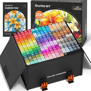 Shuttle Art 310 Colors Alcohol Markers, 309 Colors Dual Tip Art Marker Set Plus Colorless Blender, Micro-tip Pens, White Highlighter Pens, Marker Bag with Holders Perfect for Students Adults Coloring(205 Colors)