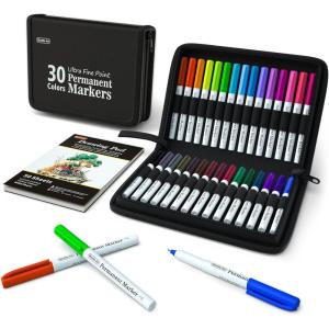 Shuttle Art Permanent Marker, 30 Colors Ultra Fine Point, Assorted Colors, Works on Plastic,Wood,Stone,Metal and Glass for Kids Adult Coloring Doodling Marking(30 Colors with Travel Bag)