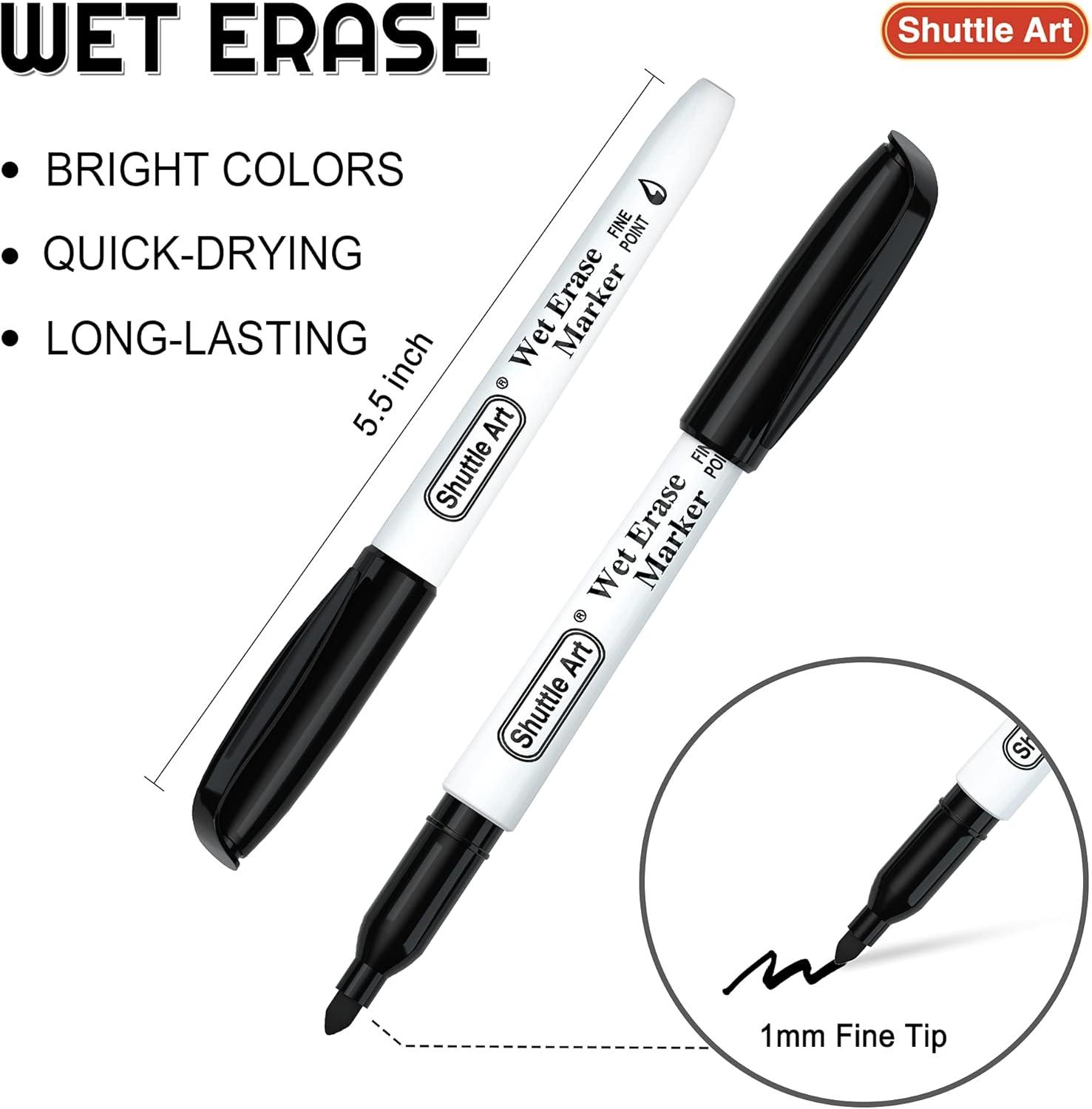imageShuttle Art Wet Erase Markers 12 Colors 1mm Fine Tip Overhead Projectors Transparency SmudgeFree Markers Works for Laminated Calendars Whiteboard Schedule Glass Wipe with Water15 Pack Black