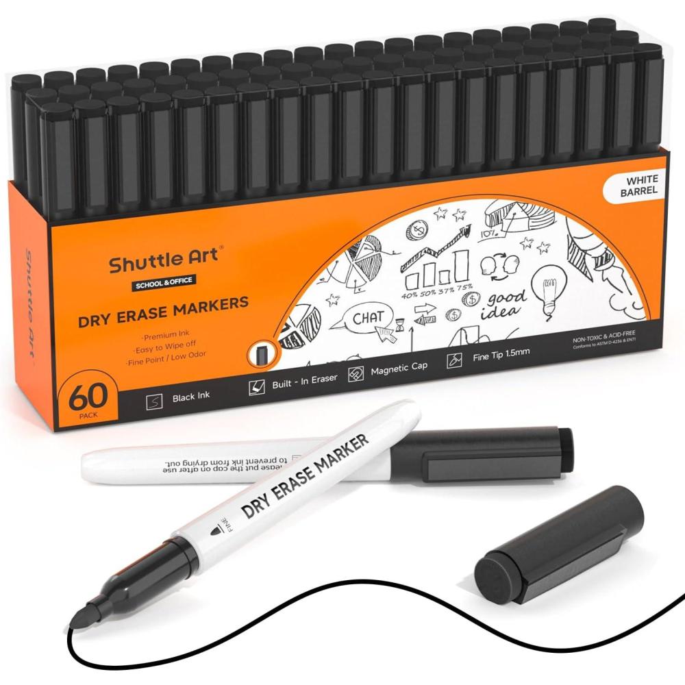 imageShuttle Art Dry Erase Markers 15 Pack Black Magnetic Whiteboard Markers with EraseFine Point Dry Erase Markers Perfect For Writing on Whiteboards DryErase BoardsMirrors for School Office60 Pack Black