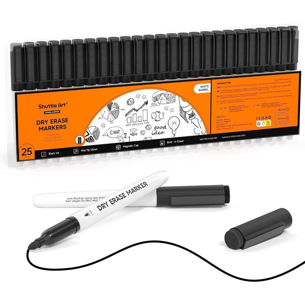 imageShuttle Art Dry Erase Markers 15 Pack Black Magnetic Whiteboard Markers with EraseFine Point Dry Erase Markers Perfect For Writing on Whiteboards DryErase BoardsMirrors for School Office25 Black