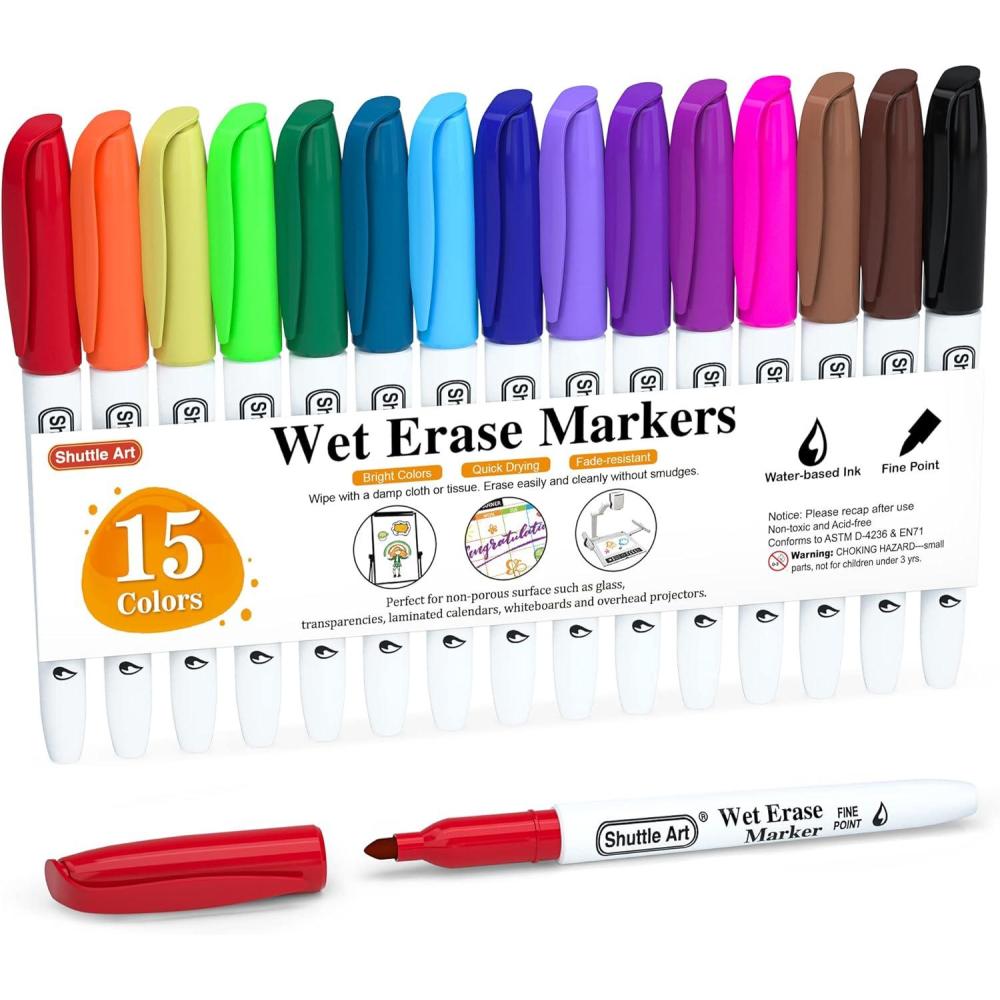 imageShuttle Art Wet Erase Markers 12 Colors 1mm Fine Tip Overhead Projectors Transparency SmudgeFree Markers Works for Laminated Calendars Whiteboard Schedule Glass Wipe with Water15 Colors