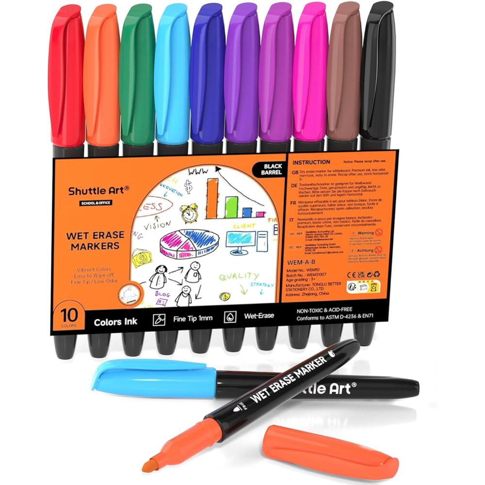 imageShuttle Art Wet Erase Markers 12 Colors 1mm Fine Tip Overhead Projectors Transparency SmudgeFree Markers Works for Laminated Calendars Whiteboard Schedule Glass Wipe with Water10 Colors