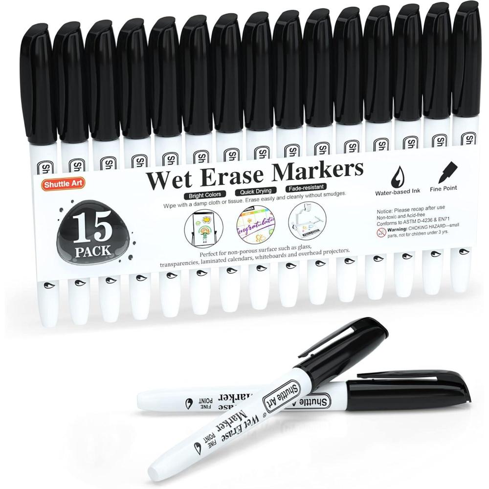 imageShuttle Art Wet Erase Markers 12 Colors 1mm Fine Tip Overhead Projectors Transparency SmudgeFree Markers Works for Laminated Calendars Whiteboard Schedule Glass Wipe with Water15 Pack Black