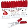 Shuttle Art Wet Erase Markers, 12 Colors 1mm Fine Tip Overhead Projectors Transparency Smudge-Free Markers, Works for Laminated Calendars Whiteboard Schedule Glass, Wipe with Water(15 Pack Red)
