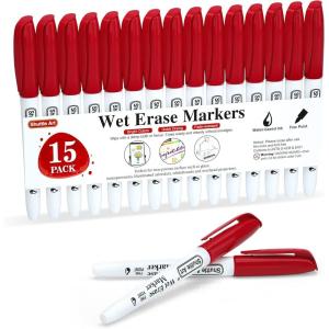 Shuttle Art Wet Erase Markers, 12 Colors 1mm Fine Tip Overhead Projectors Transparency Smudge-Free Markers, Works for Laminated Calendars Whiteboard Schedule Glass, Wipe with Water(15 Pack Red)