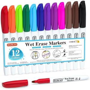 Shuttle Art Wet Erase Markers, 12 Colors 1mm Fine Tip Overhead Projectors Transparency Smudge-Free Markers, Works for Laminated Calendars Whiteboard Schedule Glass, Wipe with Water(12 Colors White Barrel)