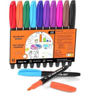 Shuttle Art Wet Erase Markers, 12 Colors 1mm Fine Tip Overhead Projectors Transparency Smudge-Free Markers, Works for Laminated Calendars Whiteboard Schedule Glass, Wipe with Water(10 Colors)