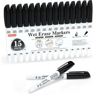 Shuttle Art Wet Erase Markers, 12 Colors 1mm Fine Tip Overhead Projectors Transparency Smudge-Free Markers, Works for Laminated Calendars Whiteboard Schedule Glass, Wipe with Water(15 Pack Black)