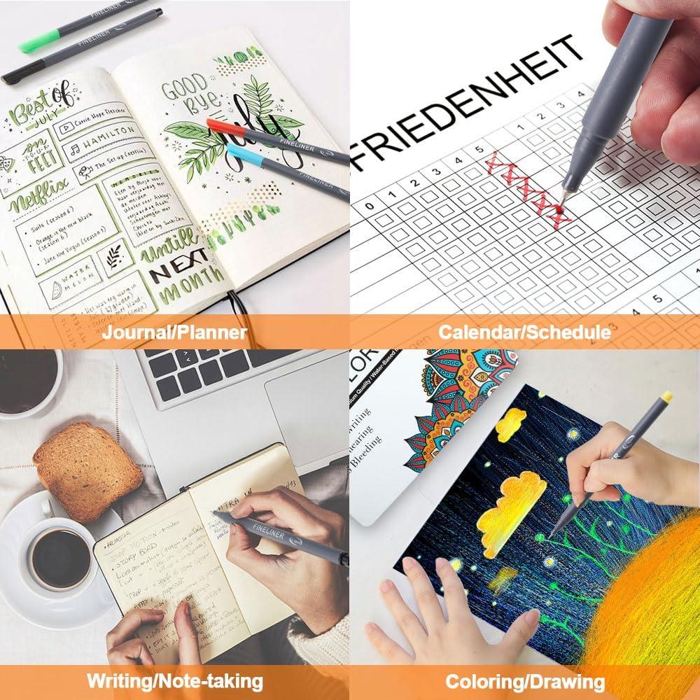 imageShuttle Art Fineliner Colored Pens 100 Colors 038mm Fine Point Pens with Stencils ampamp Adult Coloring Books for Coloring Drawing Detailing Writing Note Taking Calendar and Journal Art Projects100 Colors