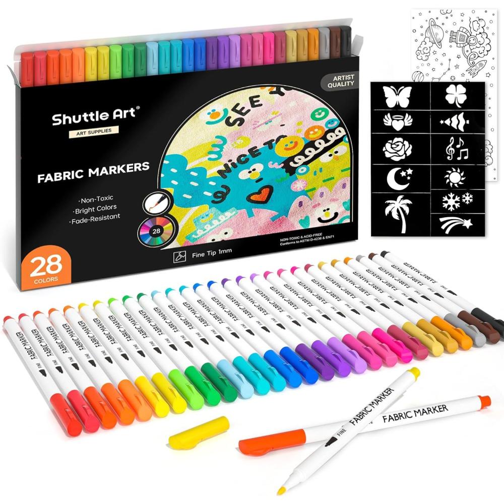 imageShuttle Art 28 Colors Fabric Markers Shirt Permanent Markers for Clothes Sneakers Jeans with 11 Stencils 1 Fabric Sheet Fabric Pens for Kids Adult Painting Writing28 Colors