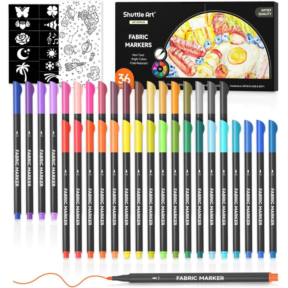 imageShuttle Art 28 Colors Fabric Markers Shirt Permanent Markers for Clothes Sneakers Jeans with 11 Stencils 1 Fabric Sheet Fabric Pens for Kids Adult Painting Writing36 Colors