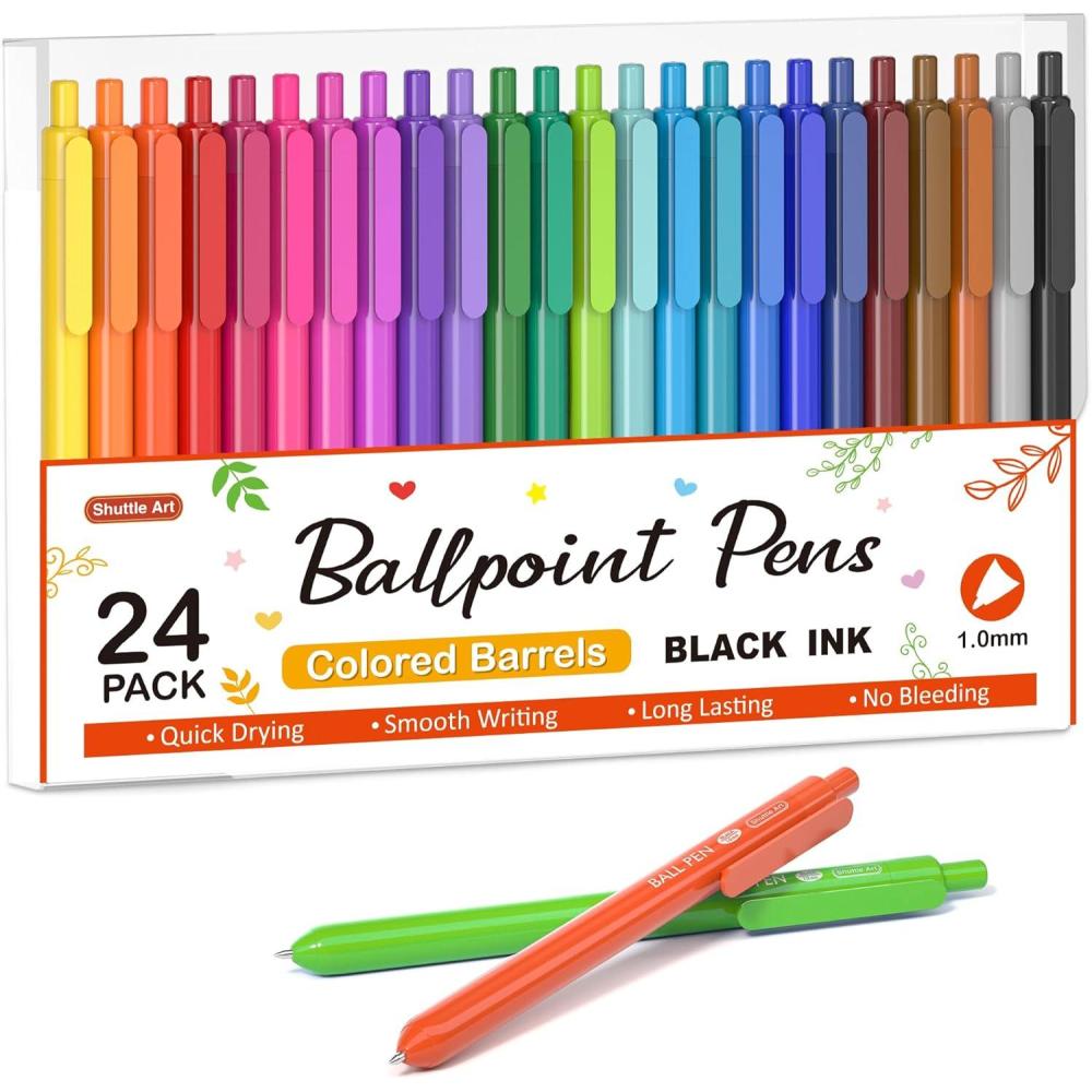 imageShuttle Art Ballpoint Pens 24 Pack Colored Retractable Black Ink Ball Point Pens Cute Pens 10mm Medium Point Quick Drying for Writing Journaling Taking Notes School Office Home24 Black Ink